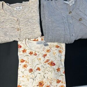 Gray Sweater Brown short sleeve Cream Floral Top t shirt Orange Flowers